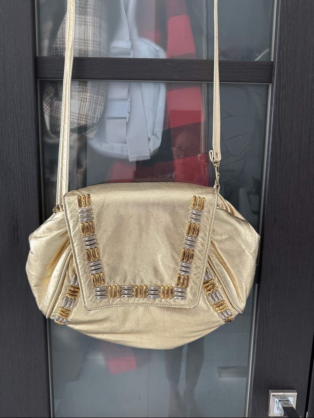 Vtg Gold Metallic Crossbody Shoulder Bag with Beaded Detail